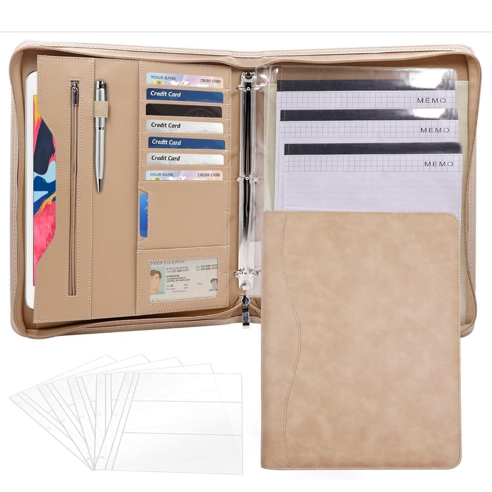 PU Leather 3-Ring Zippered Padfolio Portfolio Binder Organizer